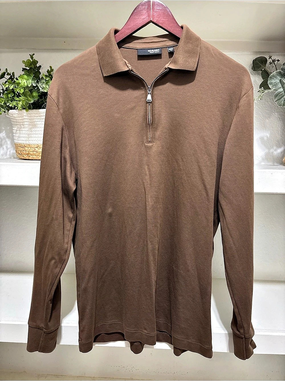 Murano Liquid Luxury Long Sleeve Polo in Brown Size Medium Like New